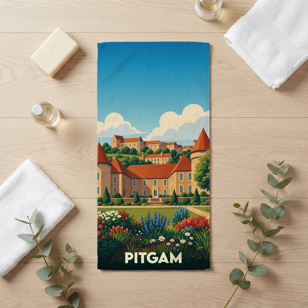 Serviette de bain souvenir de la ville de Pitgam avec une illustration stylisée de son paysage et de son architecture.
