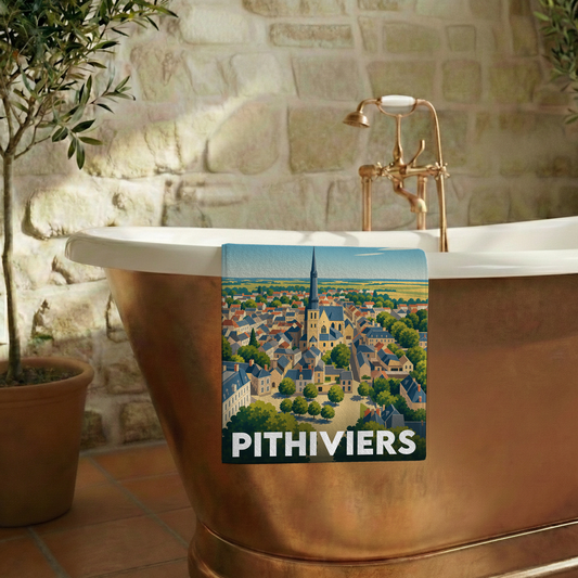 Serviette de bain souvenir de la ville de Pithiviers avec une illustration stylisée.
