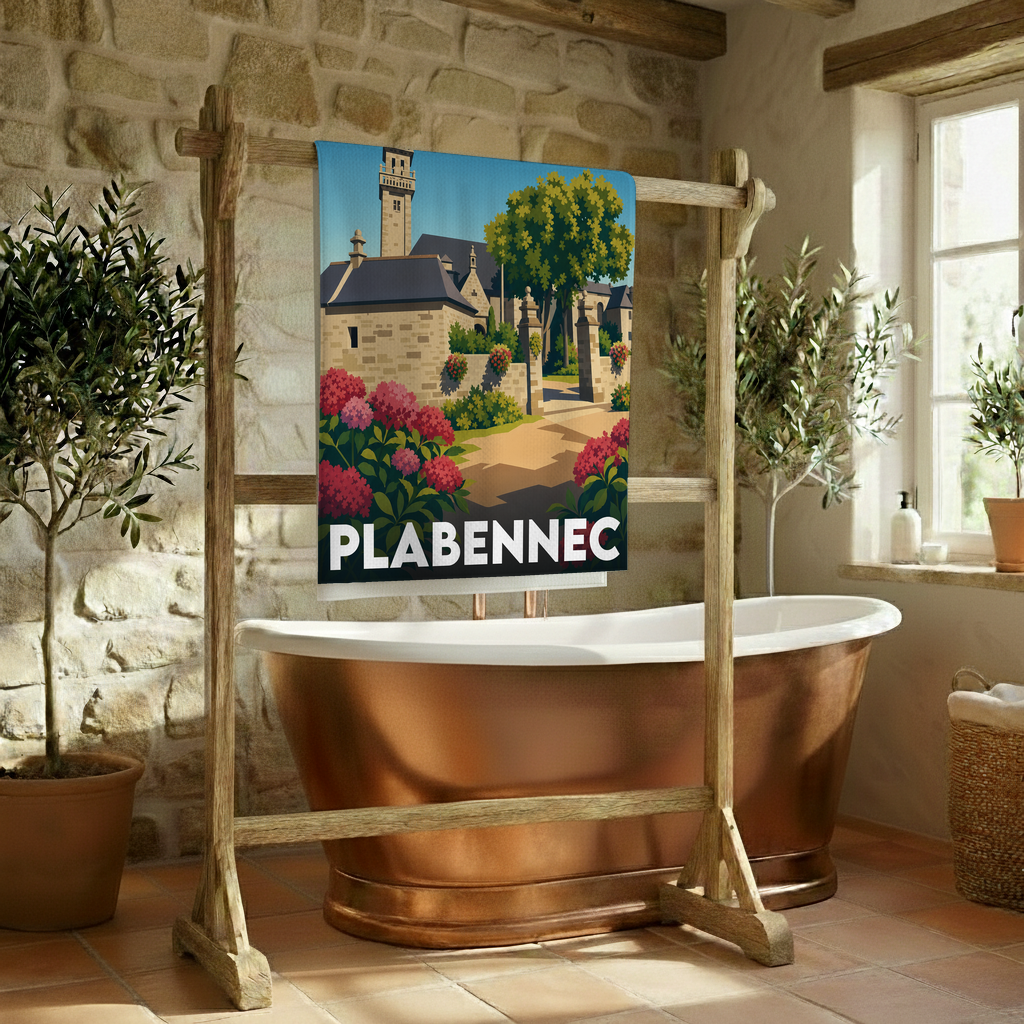 Serviette de bain souvenir de la ville de Plabennec avec une illustration stylisée.