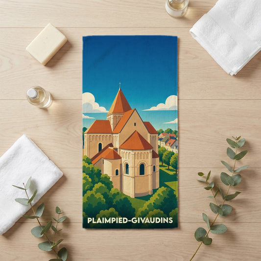 Serviette de bain souvenir de la ville de Plaimpied-Givaudins avec une illustration stylisée de son église.