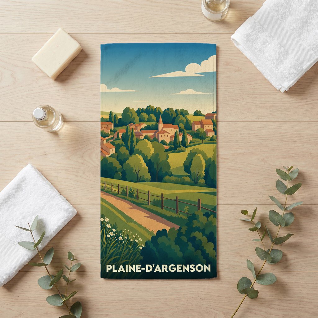 Serviette de bain souvenir de Plaine-d'Argenson avec une illustration stylisée de son paysage rural.