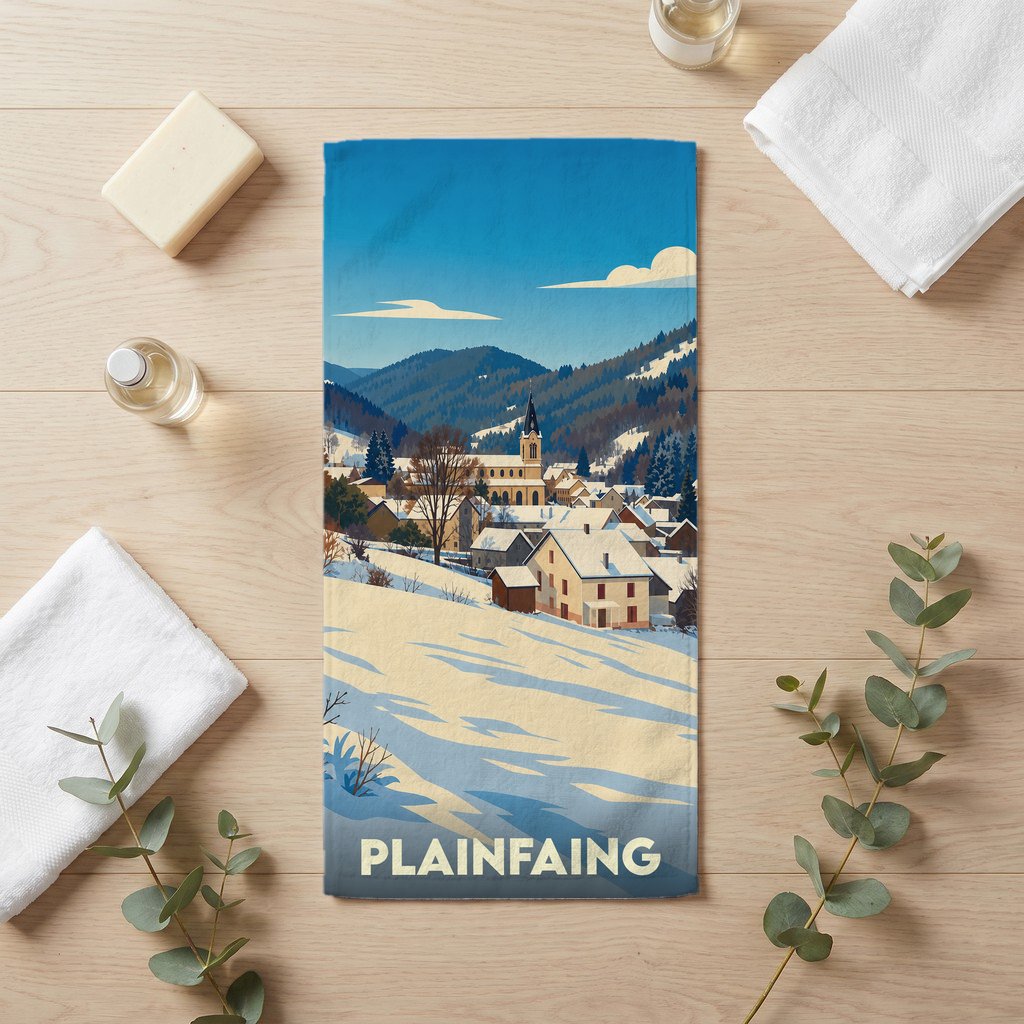 Serviette de bain souvenir de la ville de Plainfaing avec une illustration hivernale stylisée.