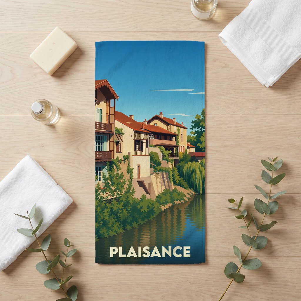 Serviette de bain souvenir de la ville de Plaisance avec une illustration stylisée.