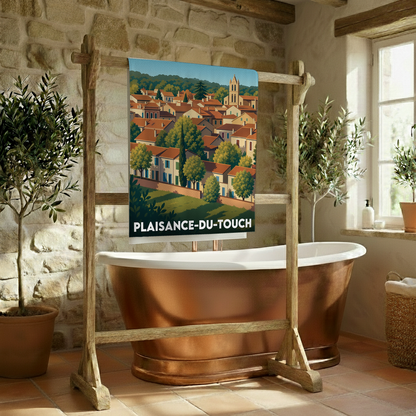 Serviette de bain souvenir de la ville de Plaisance-du-Touch avec une illustration stylisée.