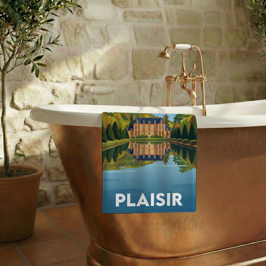 Serviette de bain souvenir de la ville de Plaisir avec une illustration stylisée.