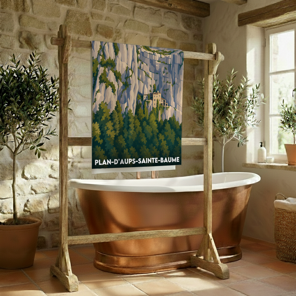 Serviette de bain souvenir de la ville de Plan-d'Aups-Sainte-Baume avec une illustration stylisée des falaises.
