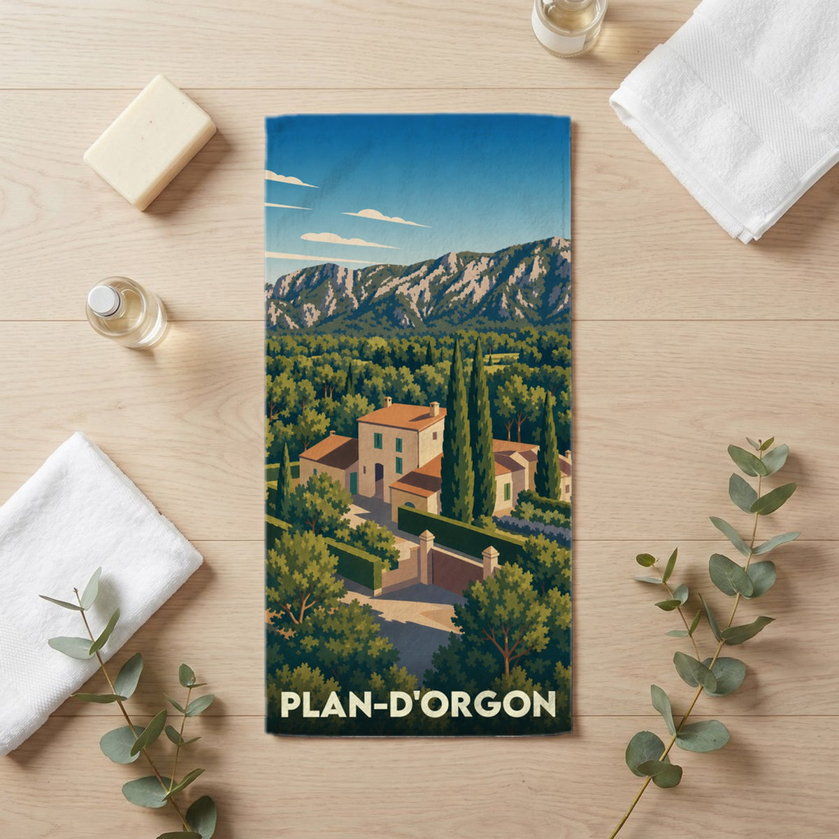 Serviette de bain 30 cm x 60 cm souvenir de Plan-d'Orgon