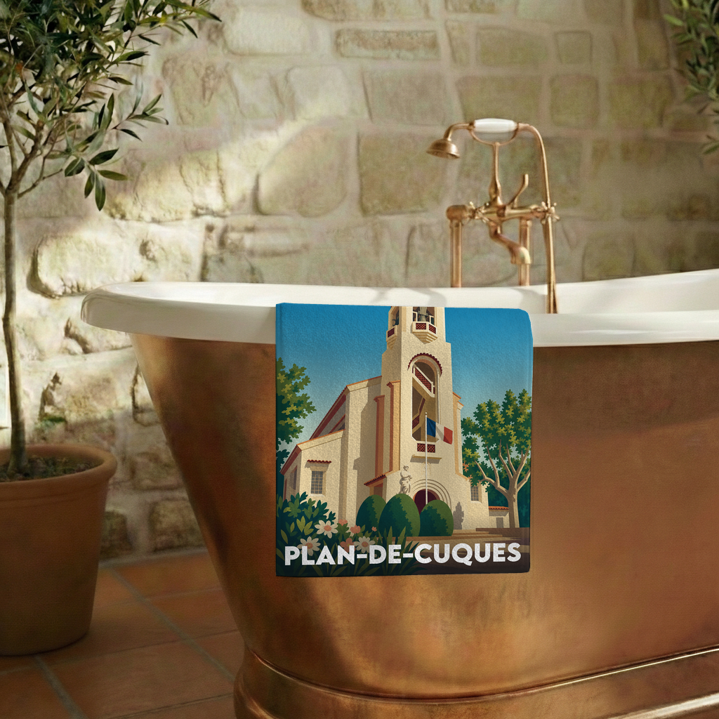 Serviette de bain souvenir de la ville de Plan-de-Cuques avec une illustration stylisée.