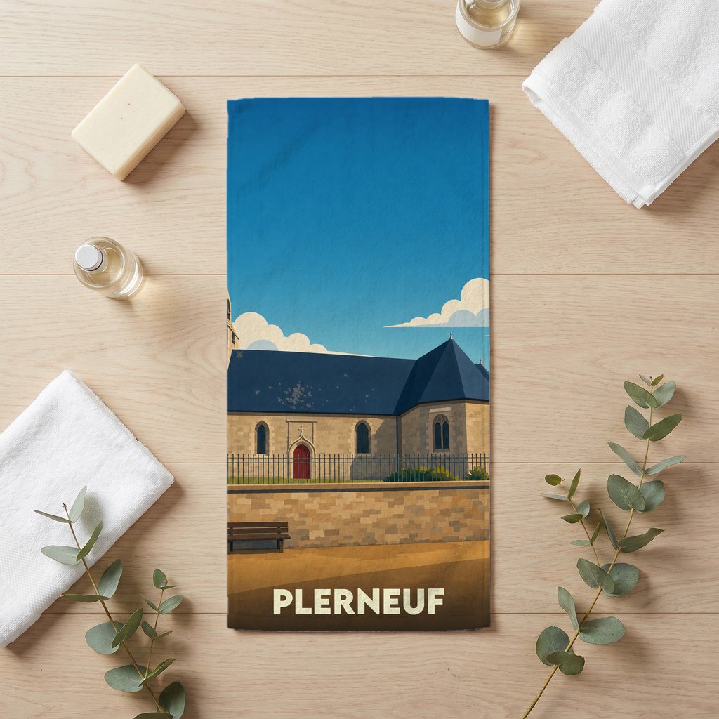 Serviette de bain souvenir de la ville de Plerneuf avec une illustration stylisée de son église.