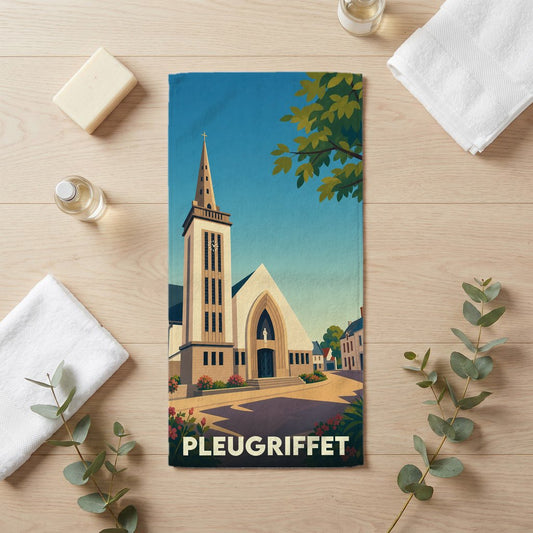 Serviette de bain souvenir de la ville de Pleugriffet avec une illustration stylisée de son église.