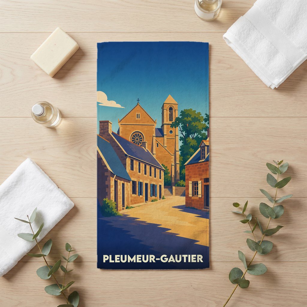 Serviette de bain souvenir de la ville de Pleumeur-Gautier avec une illustration stylisée.