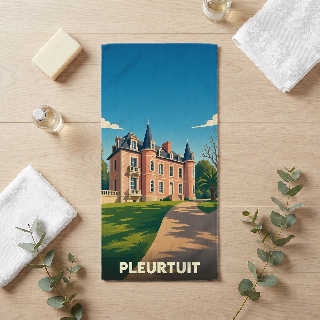 Serviette de bain souvenir de la ville de Pleurtuit avec une illustration stylisée d'un château breton.