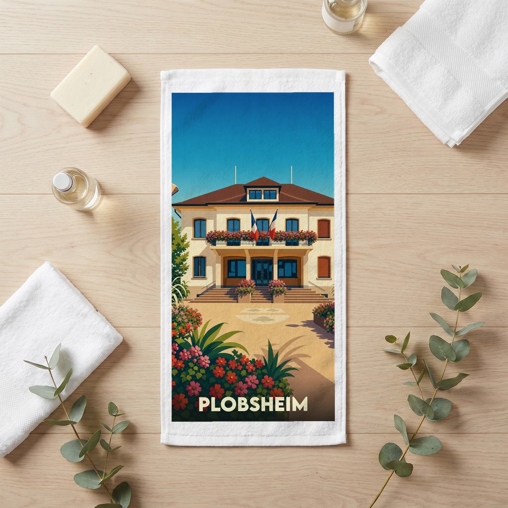 Serviette de bain souvenir de la ville de Plobsheim avec une illustration stylisée de sa mairie.