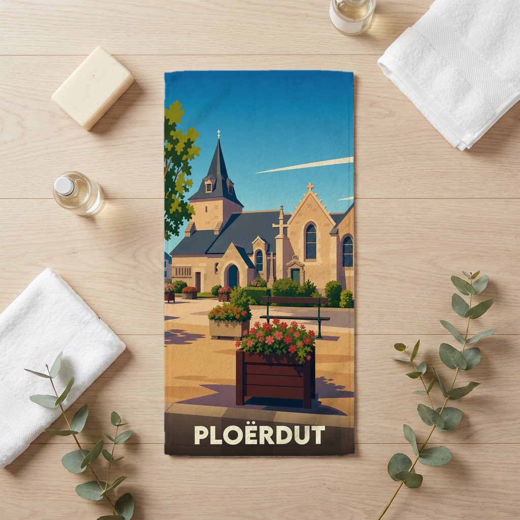 Serviette de bain souvenir de la ville de Ploërdut avec une illustration stylisée de son église et d'une place fleurie.