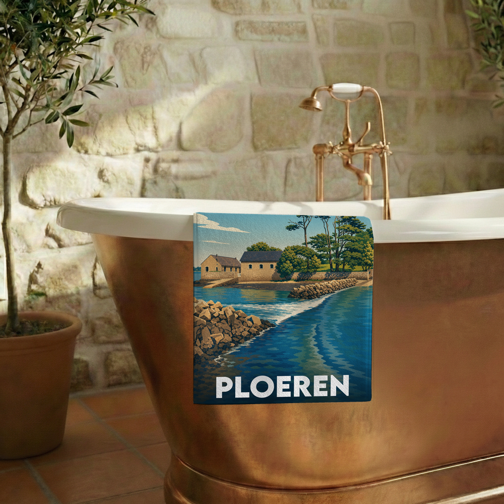 Serviette de bain souvenir de la ville de Ploeren avec une illustration stylisée d'un paysage côtier.