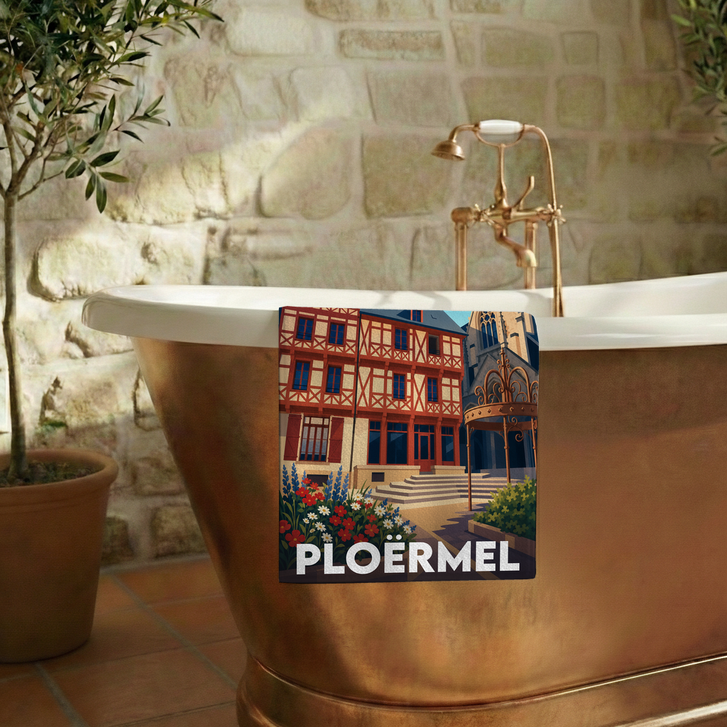 Serviette de bain souvenir de la ville de Ploërmel avec une illustration stylisée.