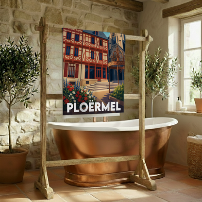 Serviette de bain souvenir de la ville de Ploërmel avec une illustration stylisée.