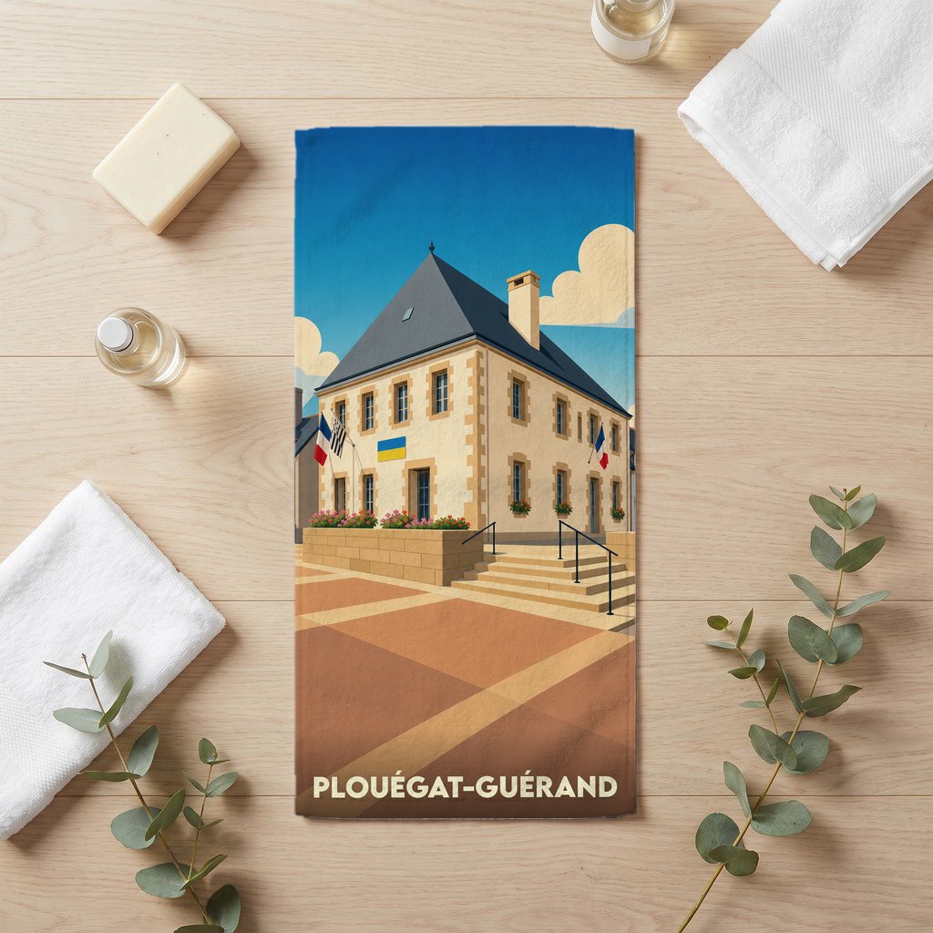 Serviette de bain souvenir de la ville de Plouégat-Guérand avec une illustration stylisée de sa mairie.