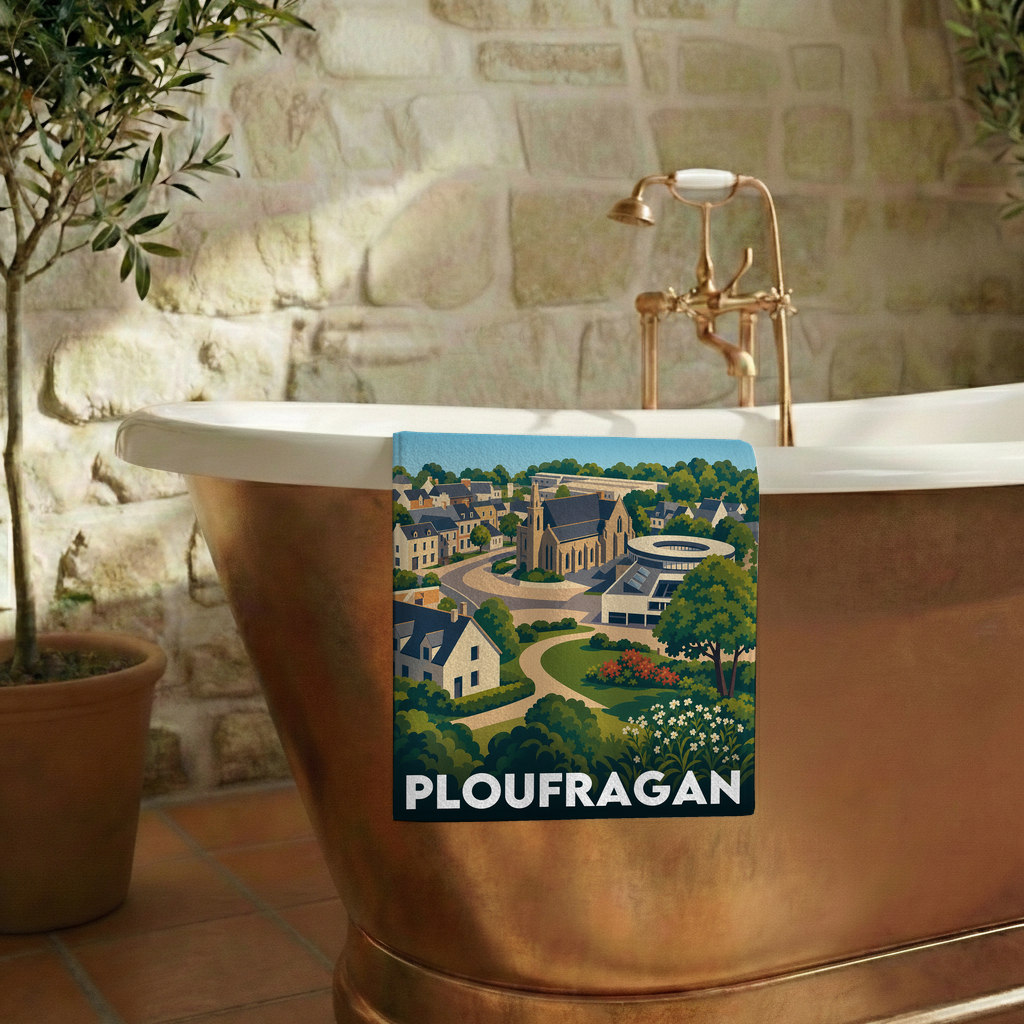 Serviette de bain souvenir de la ville de Ploufragan avec une illustration stylisée.
