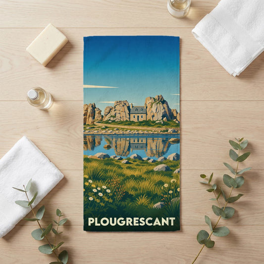 Serviette de bain souvenir de la ville de Plougrescant avec une illustration stylisée.