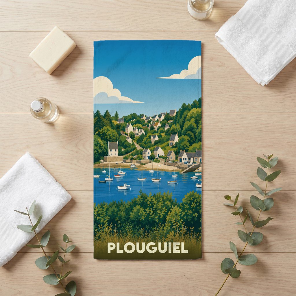 Serviette de bain souvenir de la ville de Plouguiel avec une illustration stylisée.