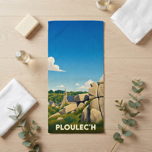 Serviette de bain souvenir de la ville de Ploulec'h avec une illustration stylisée de son paysage.
