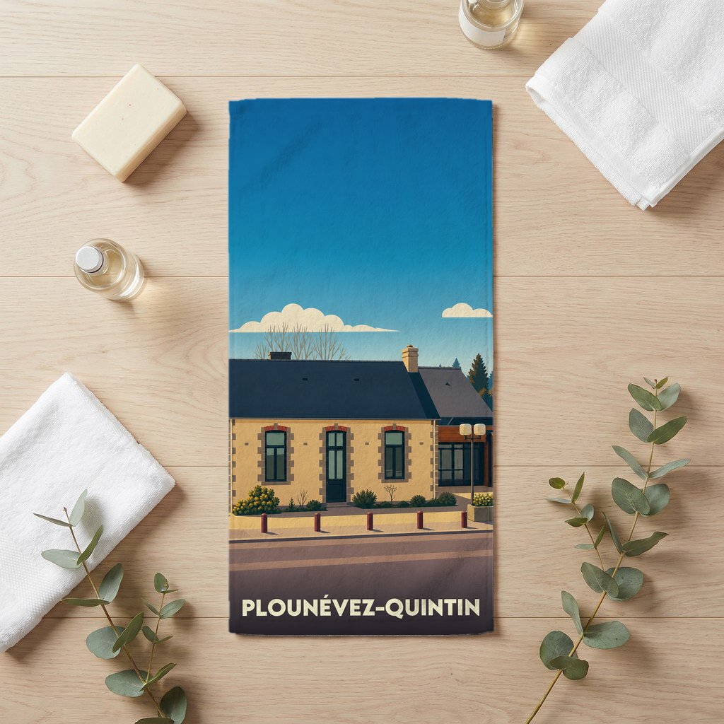 Serviette de bain souvenir de la ville de Plounévez-Quintin avec une illustration stylisée.
