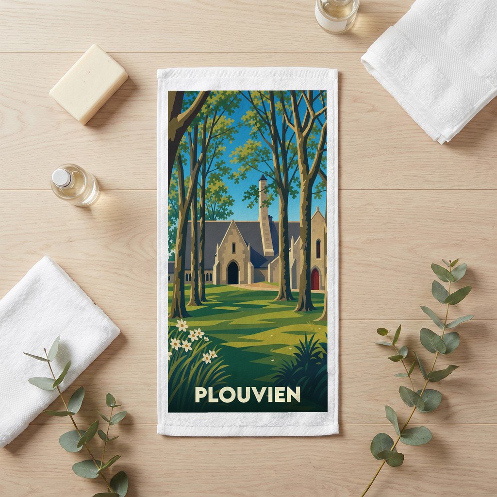 Serviette de bain souvenir de la ville de Plouvien avec une illustration stylisée d'un manoir breton entouré d'arbres.