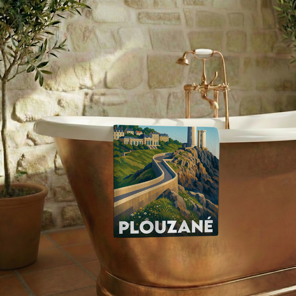Serviette de bain souvenir de la ville de Plouzané avec une illustration stylisée.