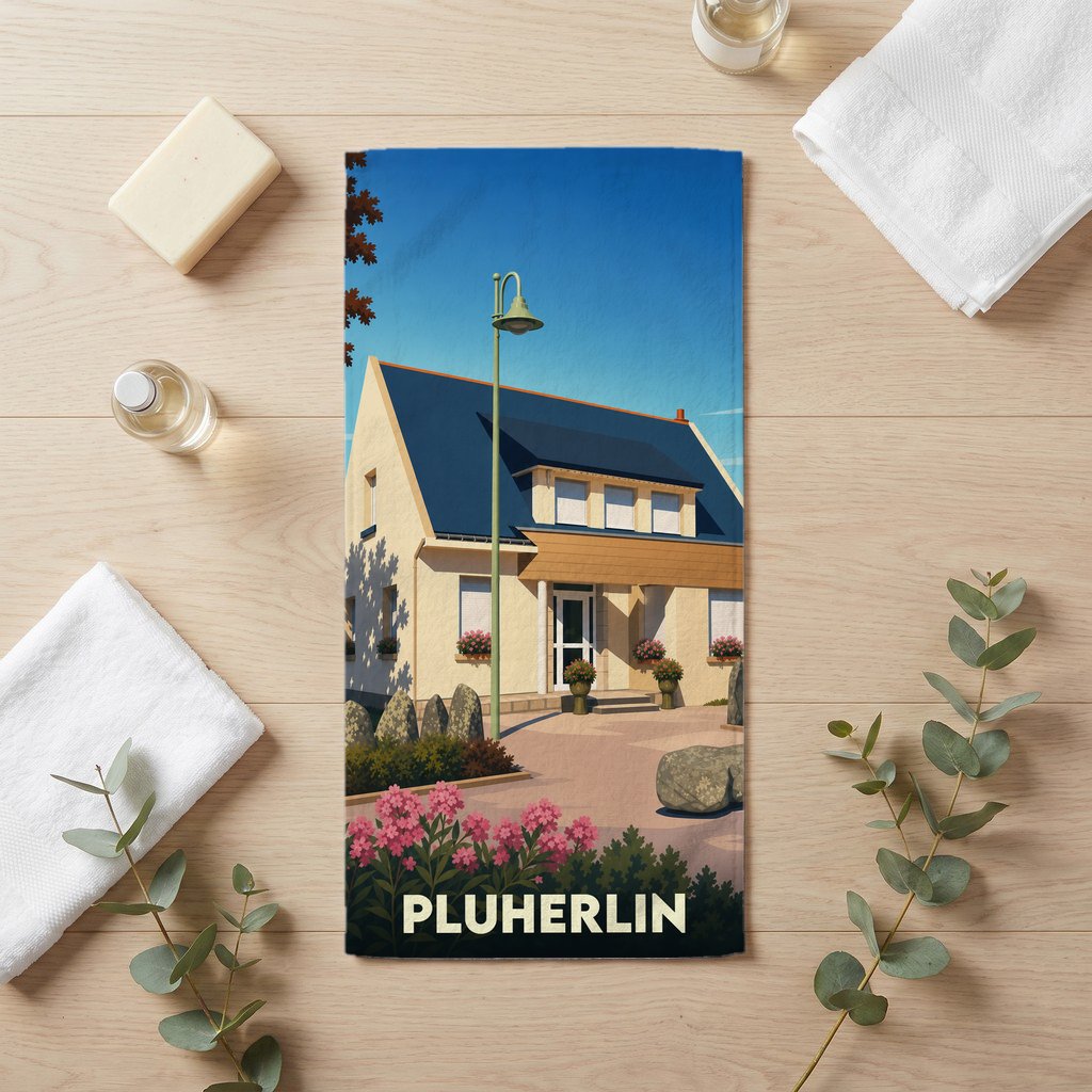 Serviette de bain souvenir de la ville de Pluherlin avec une illustration stylisée d'une maison bretonne.