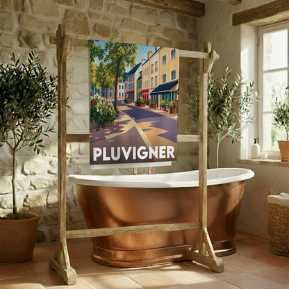 Serviette de bain souvenir de la ville de Pluvigner avec une illustration stylisée d'une rue pittoresque.
