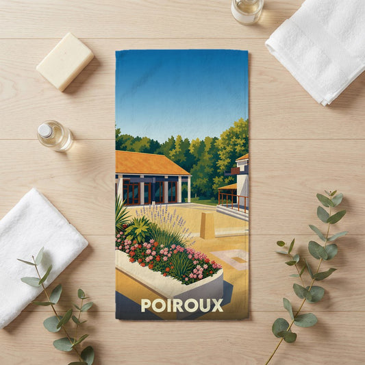 Serviette de bain souvenir de la ville de Poiroux avec une illustration stylisée.