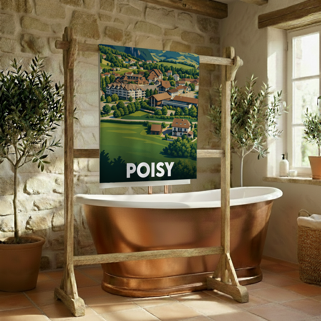 Serviette de bain souvenir de la ville de Poisy illustrée d'un paysage panoramique stylisé.