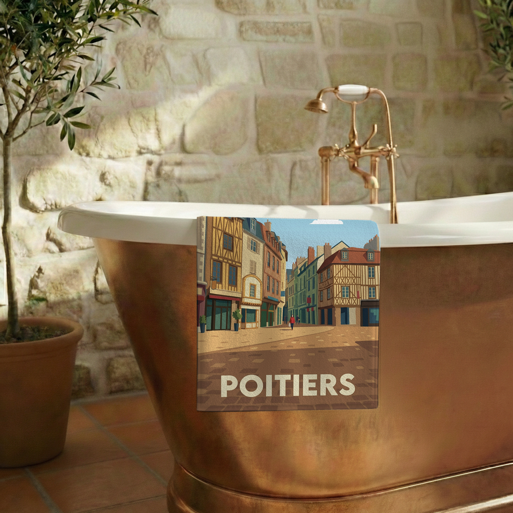 Serviette de bain souvenir de la ville de Poitiers avec une illustration stylisée de maisons à colombages.