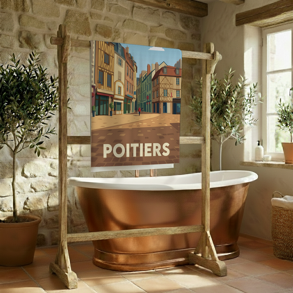 Serviette de bain souvenir de la ville de Poitiers avec une illustration stylisée.