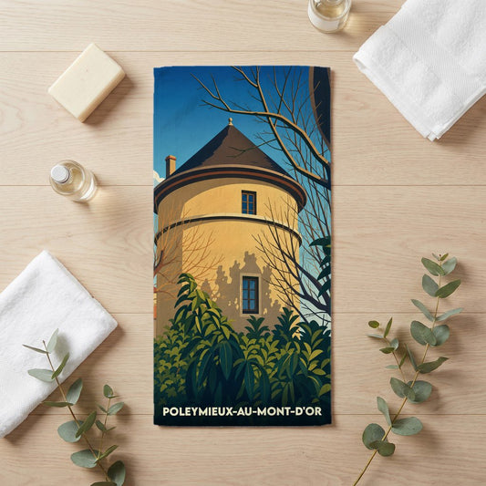 Serviette de bain souvenir de Poleymieux-au-Mont-d'Or avec une illustration stylisée d'une tour historique.
