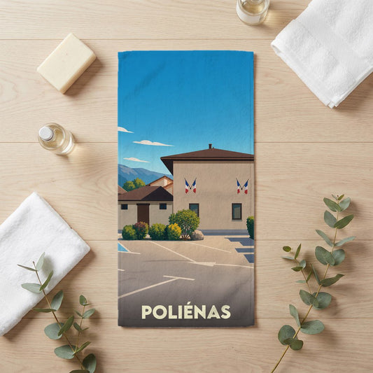 Serviette de bain souvenir de la ville de Poliénas avec une illustration stylisée.