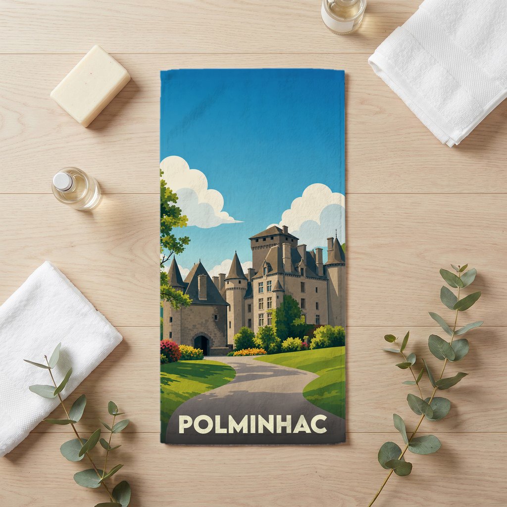 Serviette de bain souvenir de la ville de Polminhac avec une illustration stylisée d'un château.