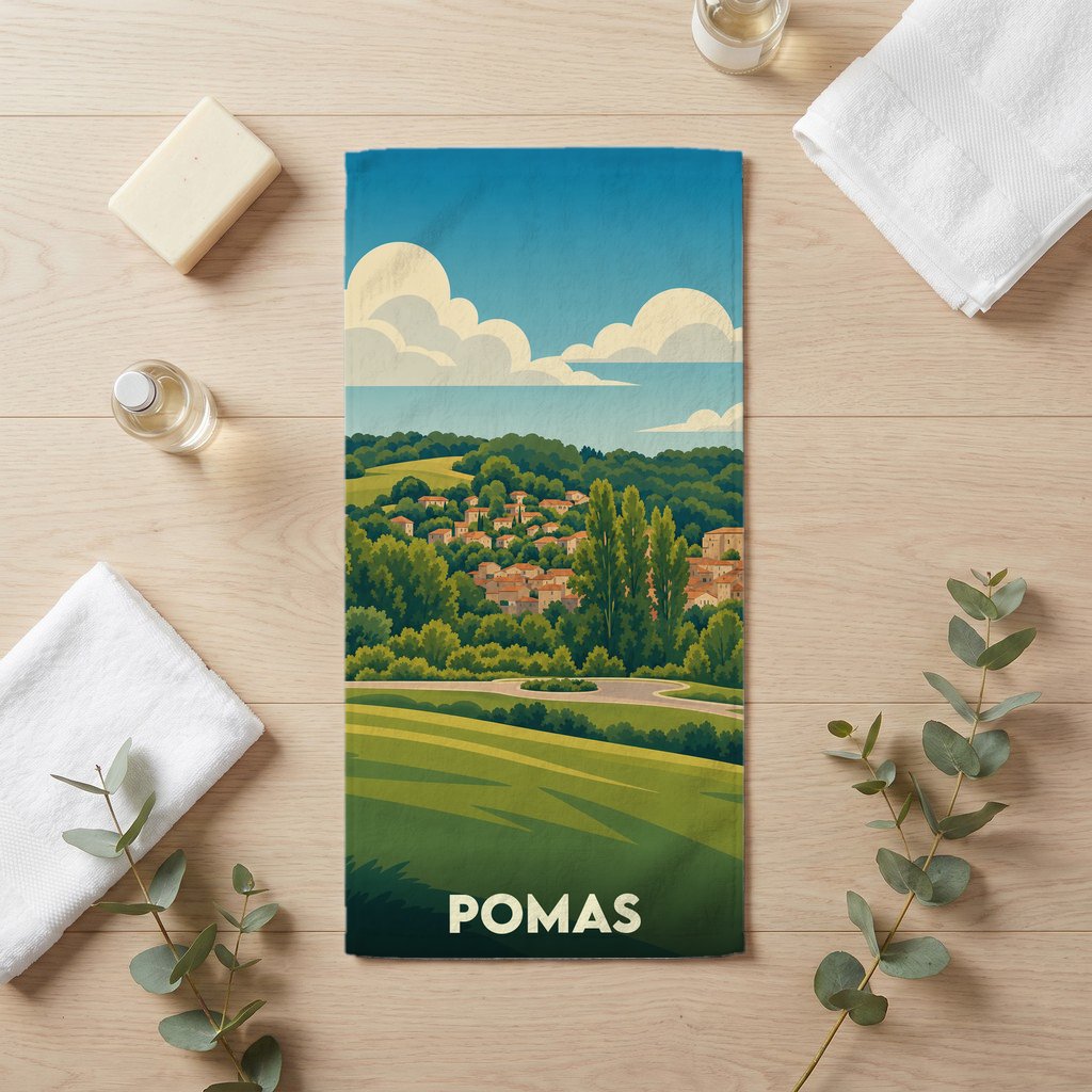 Serviette de bain souvenir de la ville de Pomas avec une illustration stylisée de son paysage vallonné.