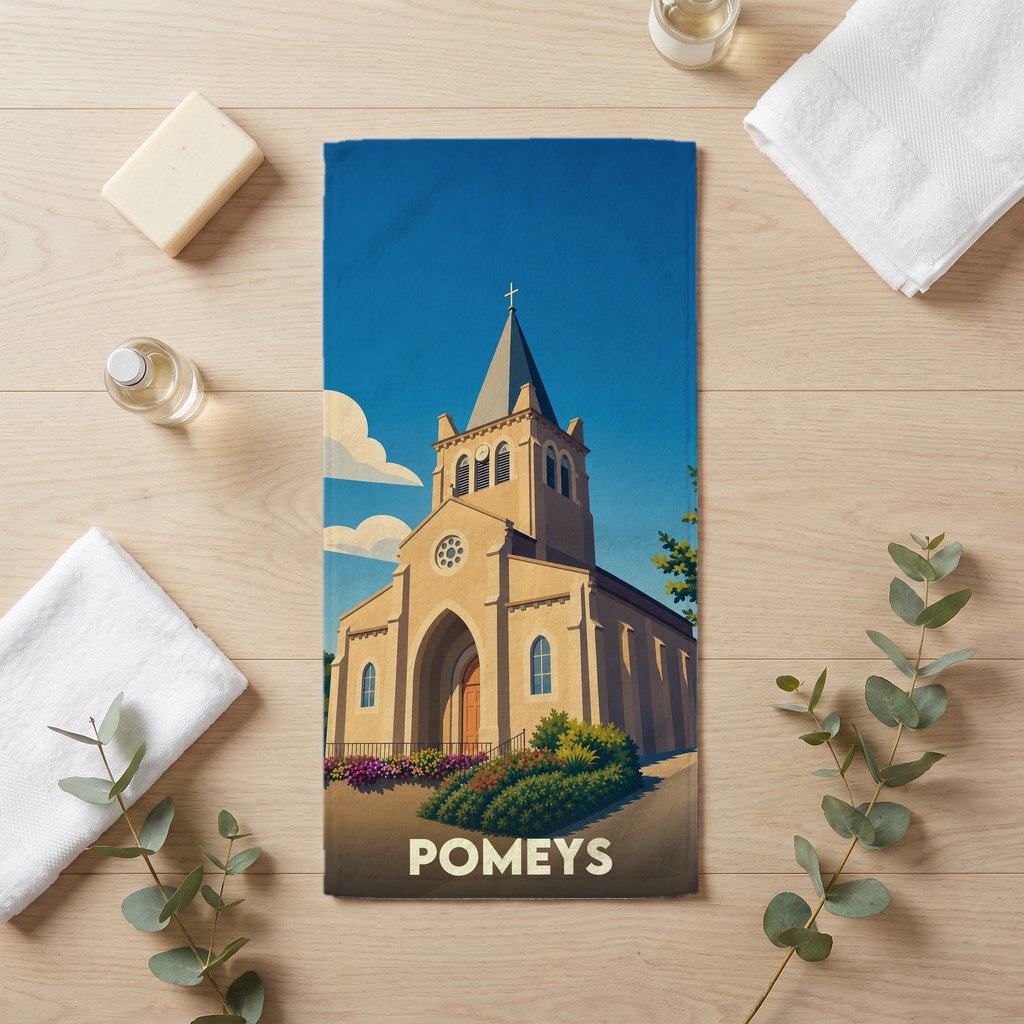 Serviette de bain souvenir de la ville de Pomeys avec une illustration stylisée de son église.