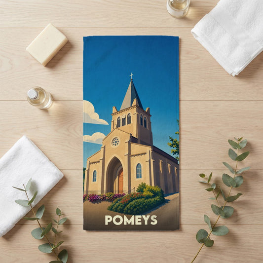 Serviette de bain souvenir de la ville de Pomeys avec une illustration stylisée de son église.