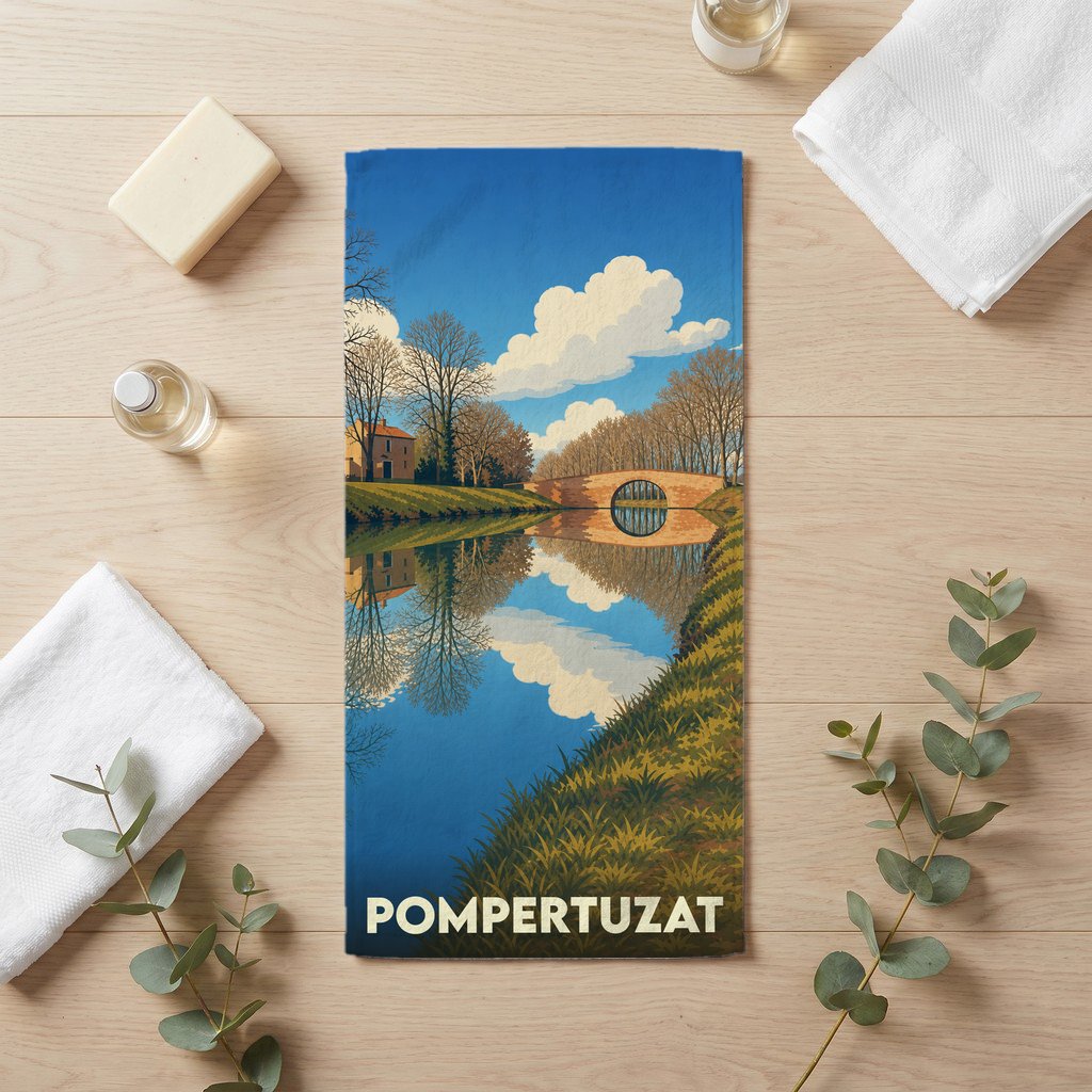 Serviette de bain souvenir de la ville de Pompertuzat avec une illustration stylisée d'un pont se reflétant dans l'eau.
