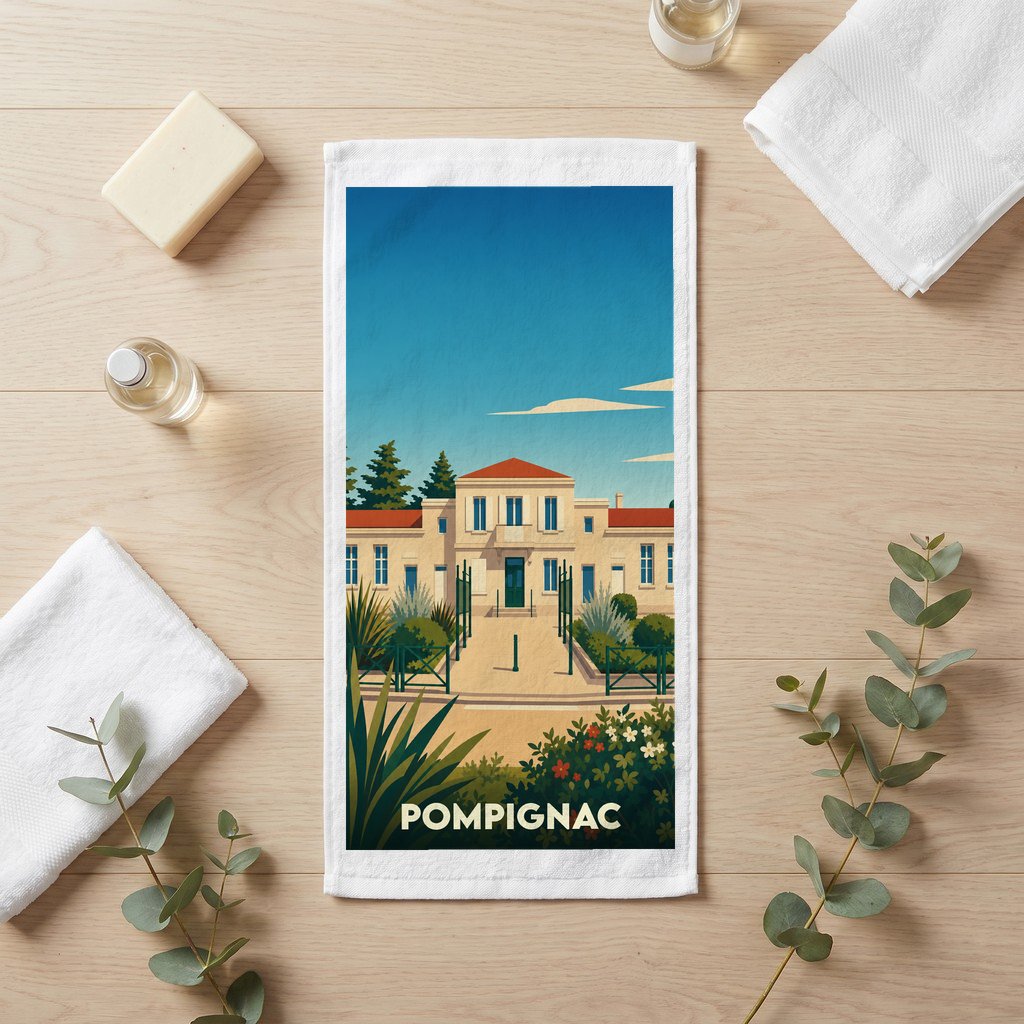 Serviette de bain souvenir de la ville de Pompignac avec une illustration stylisée.