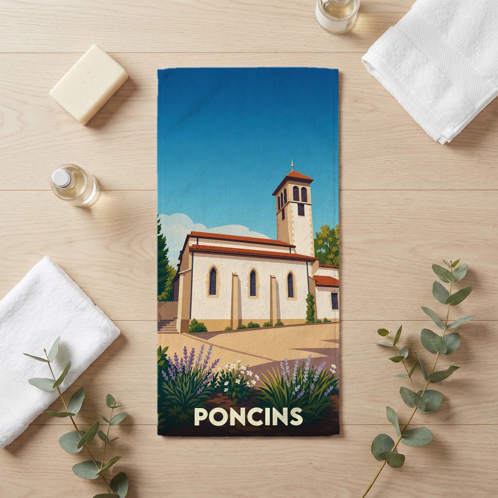 Serviette de bain souvenir de la ville de Poncins avec une illustration stylisée de son église.