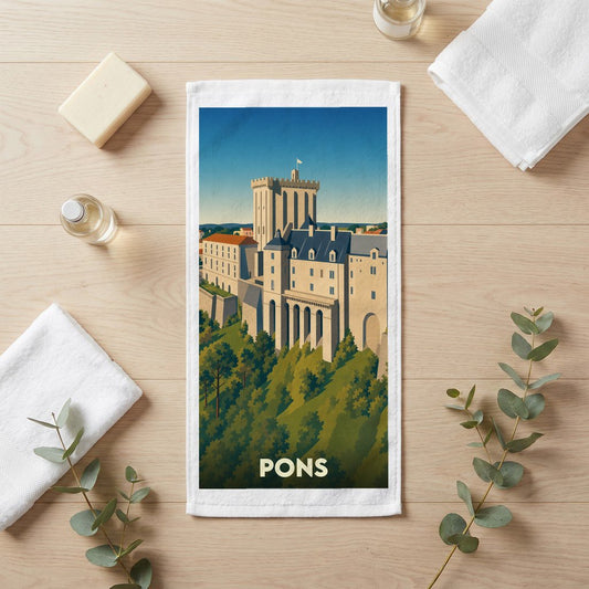 Serviette souvenir de la ville de Pons avec une illustration stylisée de son donjon médiéval.