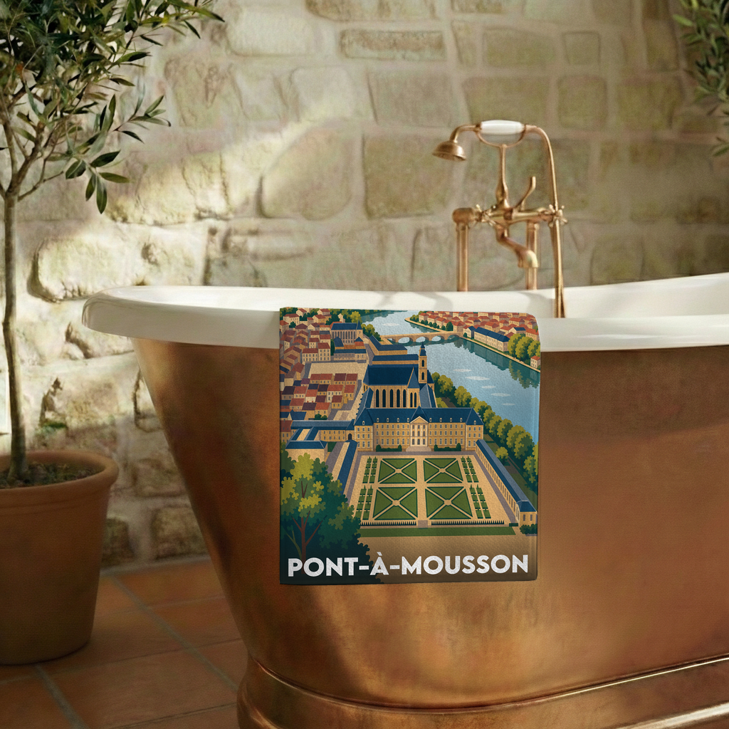 Serviette de bain souvenir de la ville de Pont-à-Mousson avec une illustration stylisée.
