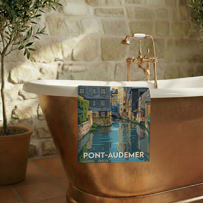 Serviette de bain souvenir de la ville de Pont-Audemer avec une illustration stylisée.