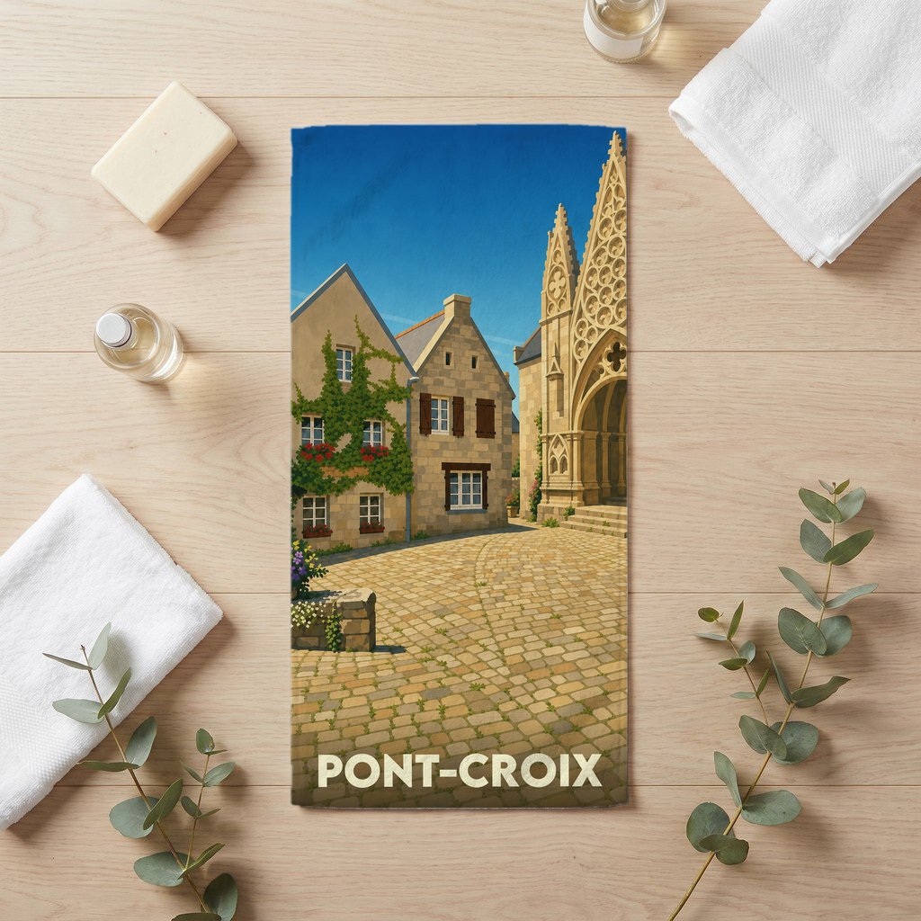 Serviette de bain souvenir de la ville de Pont-Croix avec une illustration stylisée d'une place pavée et de l'église.