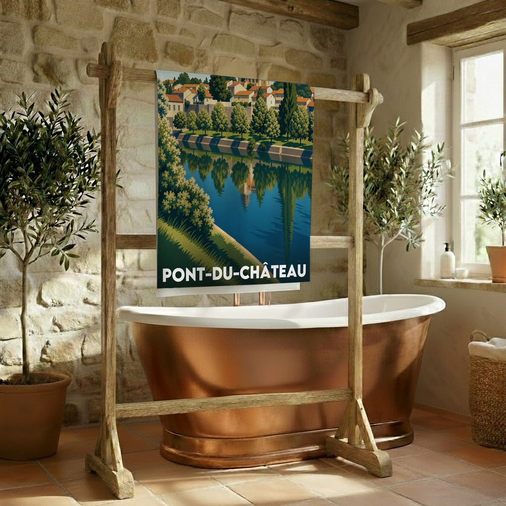 Serviette de bain souvenir de la ville de Pont-du-Château avec une illustration stylisée.
