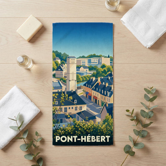 Serviette de bain souvenir de la ville de Pont-Hébert avec une illustration stylisée.
